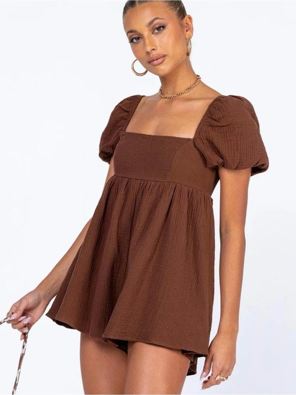 Princess Polly Lorna romper dress brown women’s 8 square neck puff sleeve mini